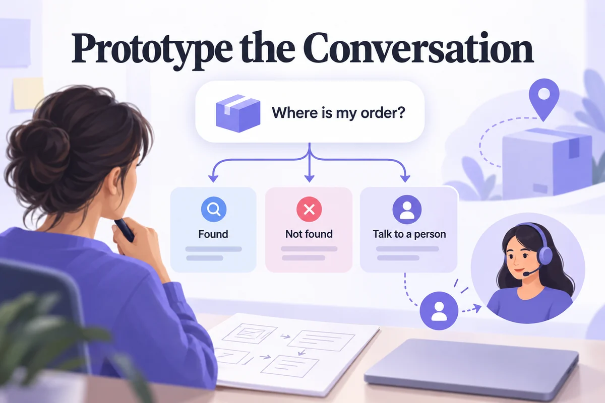 A parcel-tracking question branches into found, not-found, and human-handoff states for a conversation prototype