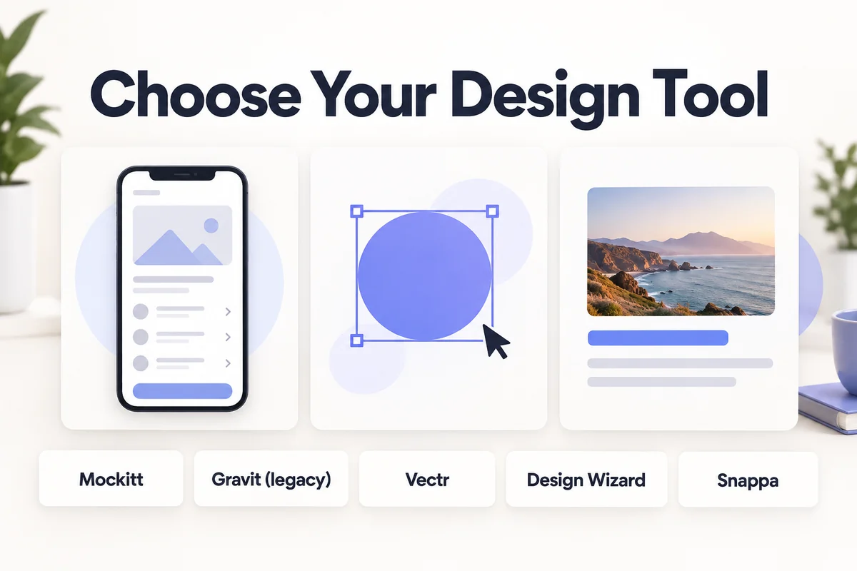 A mobile wireframe, editable vector shape, and campaign graphic illustrate three tasks for choosing among five design tools
