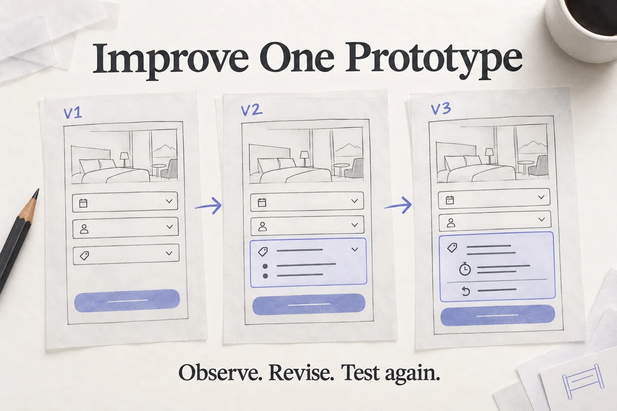 Three versions of one hotel-booking sketch progressively clarify conditions and recovery