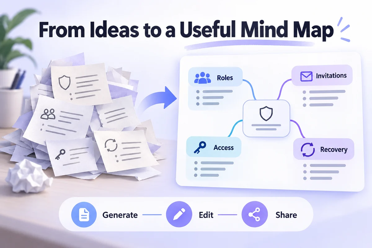 Permission notes become a mind map organized into roles, invitations, access, and recovery, followed by editing and sharing