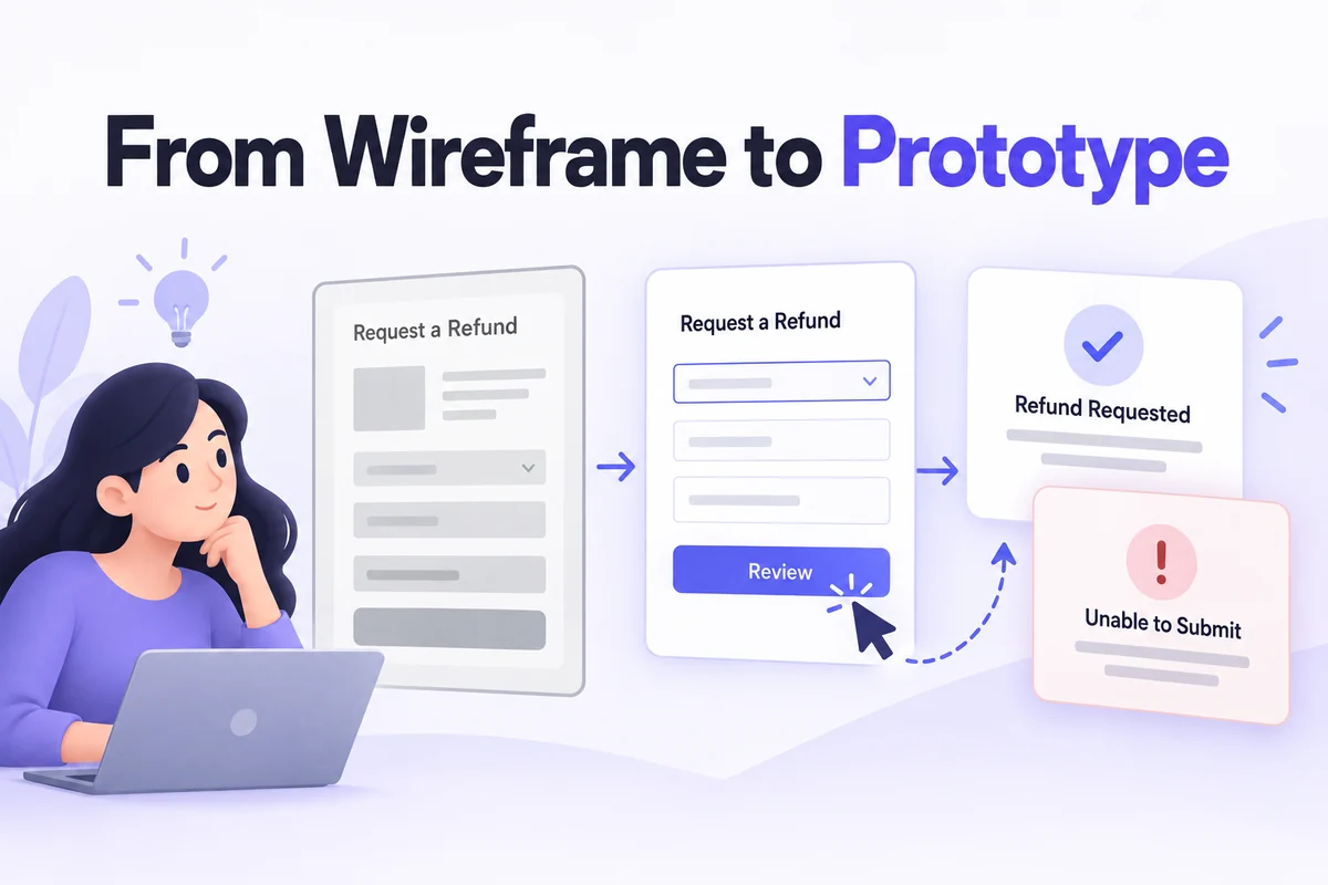 A refund-request wireframe becomes a linked prototype with review, confirmation, and submission-error states