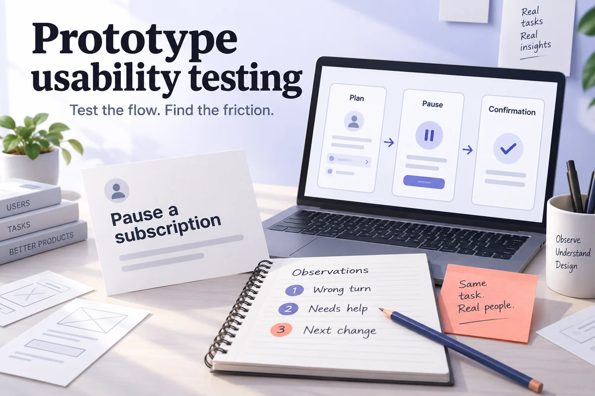 A subscription-pause task, three prototype states, and observation notes for a usability testing plan