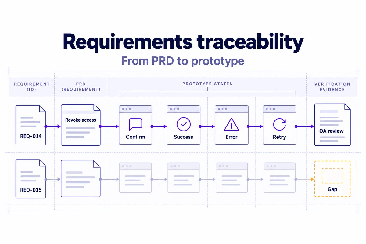 REQ-014 mapped to revoke-access prototype states and QA review, with a gap marked for REQ-015