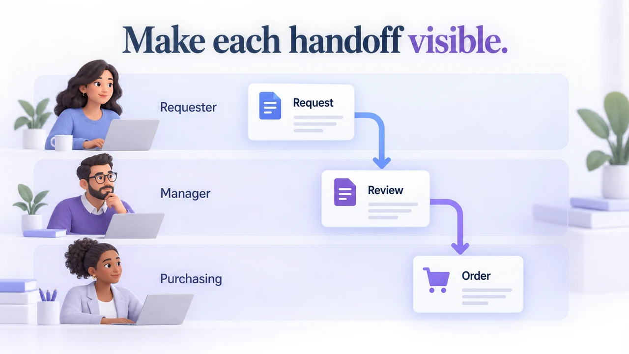 A purchase request moves between requester, manager and purchasing swimlanes