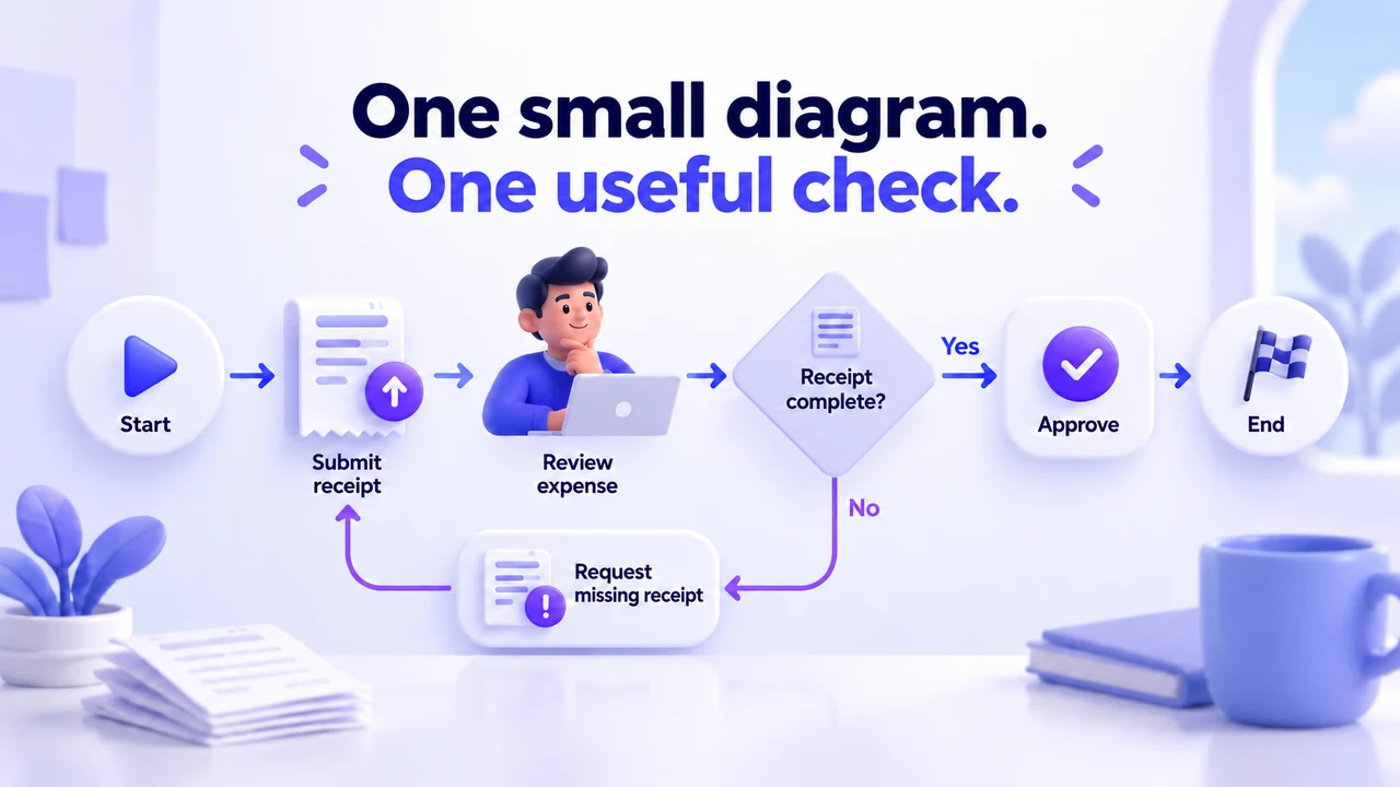 A simple expense flow includes an approval route and a missing-receipt loop
