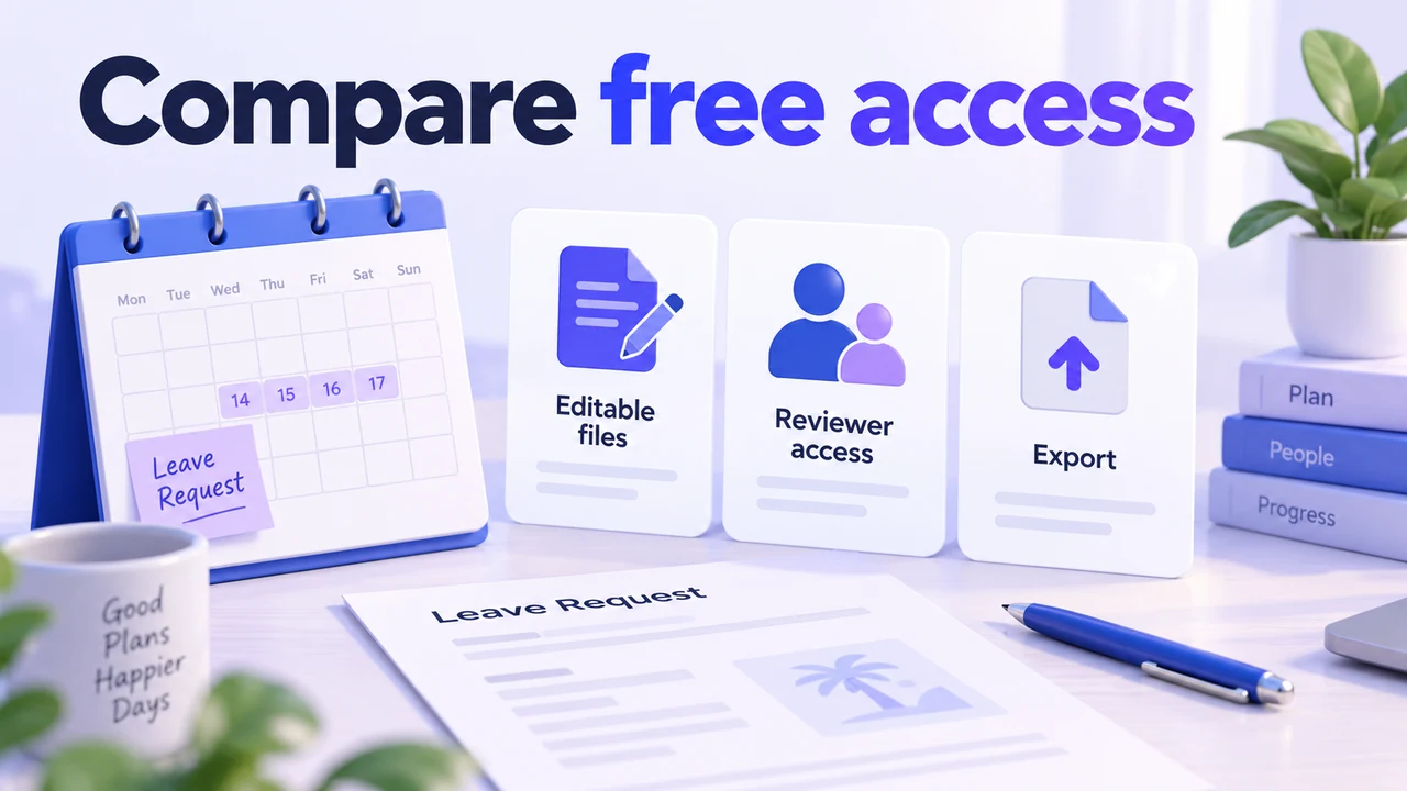 A leave-request example frames free flowchart plan comparisons around editable files, reviewer access and export