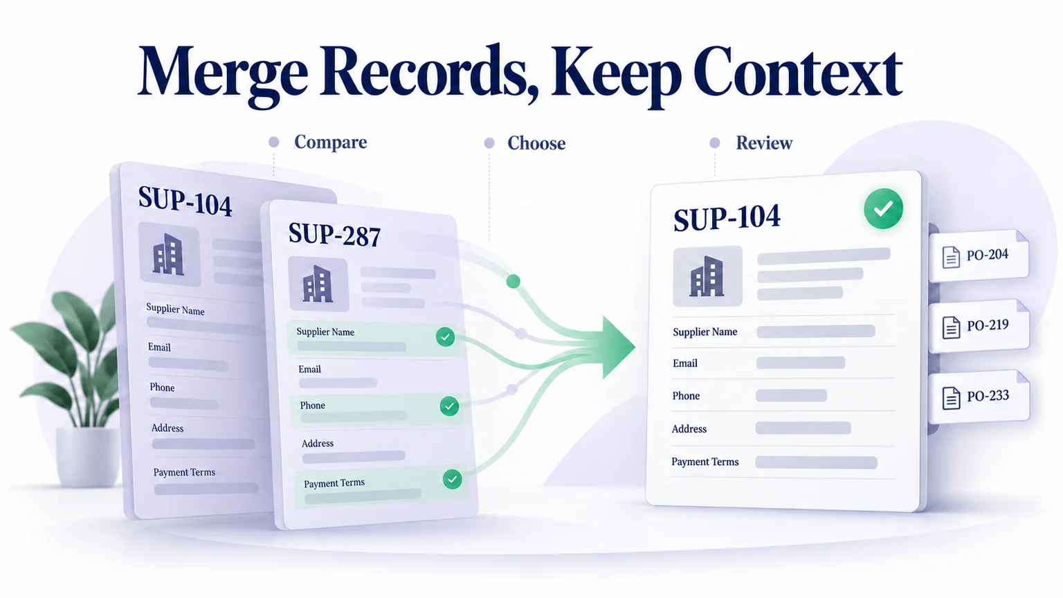 Duplicate-Record Merge UX: Choose Values and Review the Result