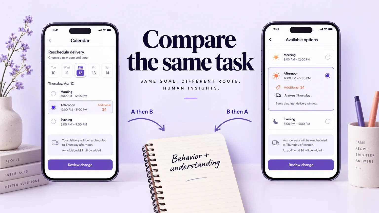Calendar and available-options prototypes for the same delivery task, with alternating presentation order