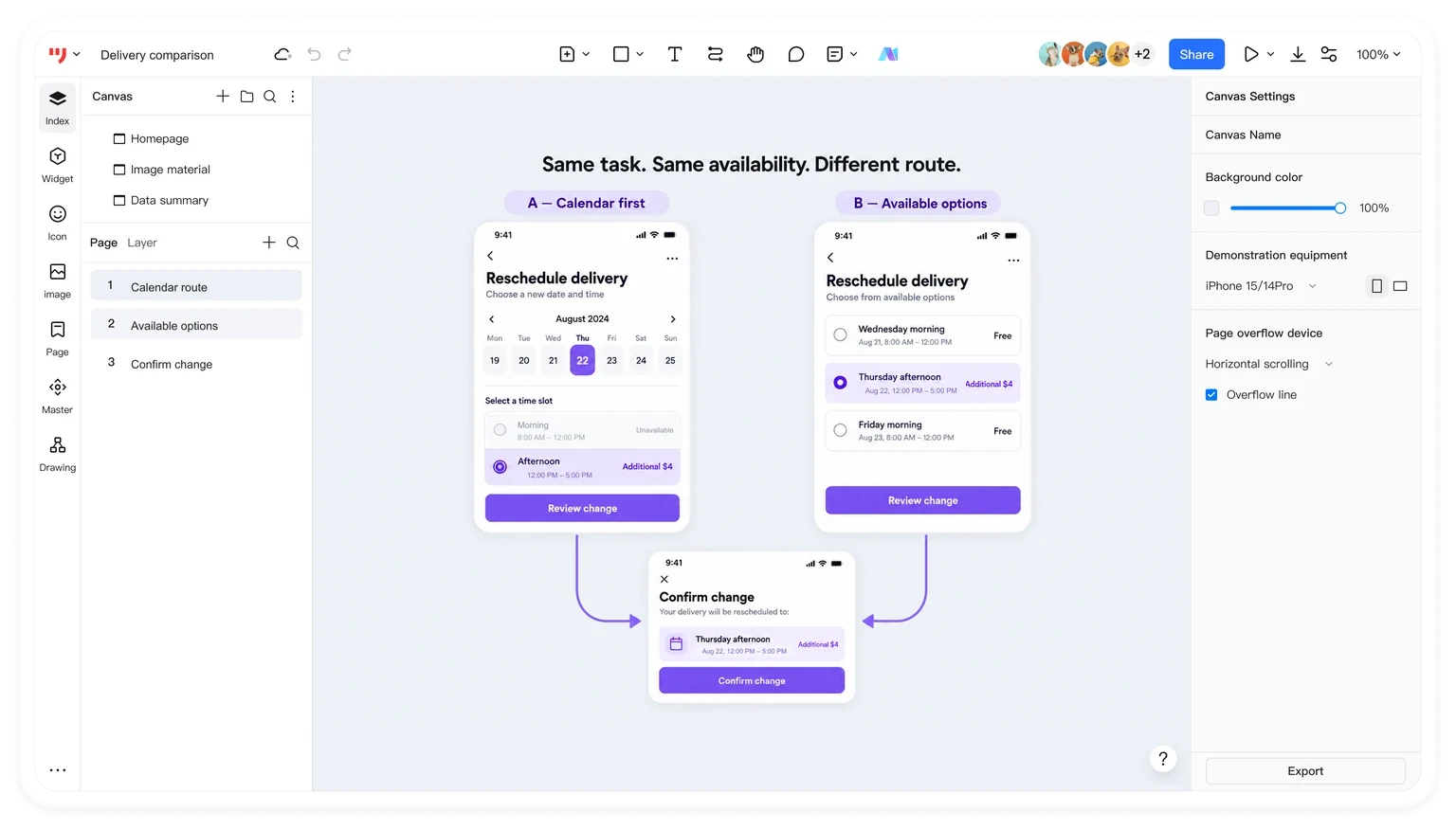 Mockitt prototype example comparing calendar and list routes for the same delivery-rescheduling task