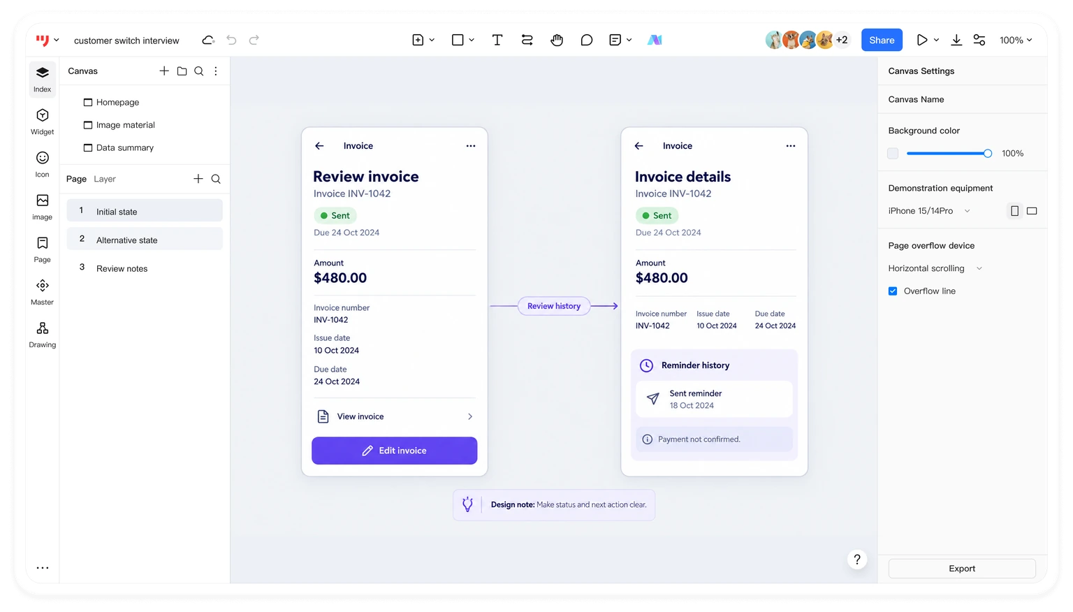 Example invoice review design showing sent status, due date and reminder history in a Mockitt canvas