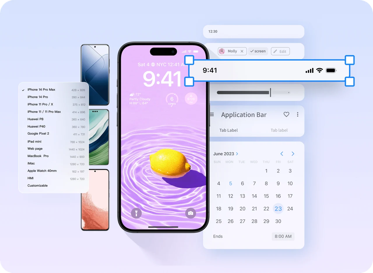 Mockitt public product visual with mobile device presets, a selected status bar and reusable navigation and calendar components