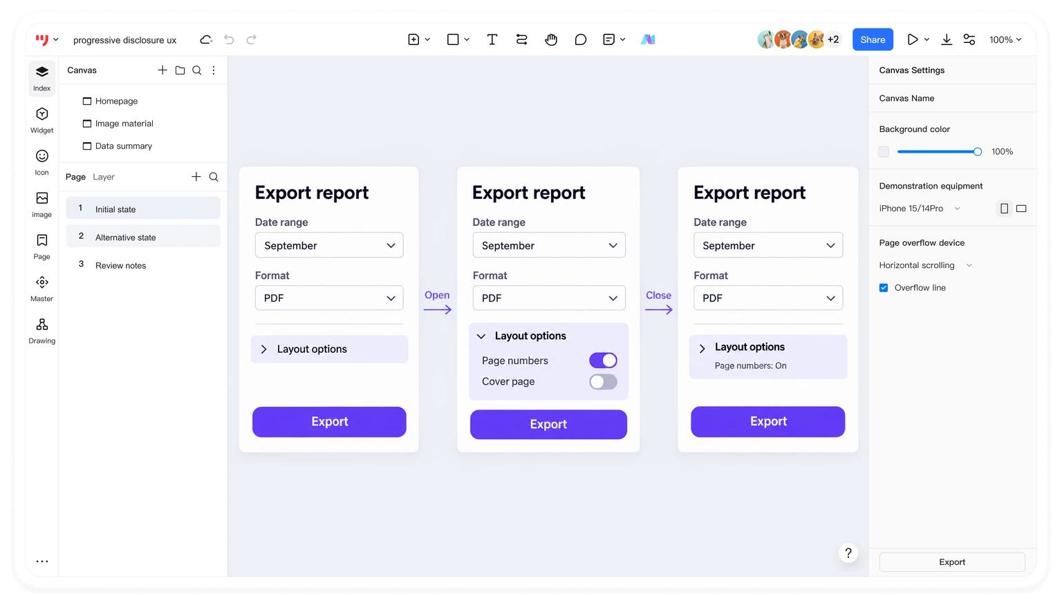 Example report export prototype showing closed layout options, expanded controls and the selected page-number summary