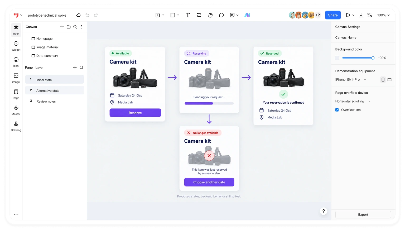 Example reservation prototype with available, reserving, reserved and no-longer-available states