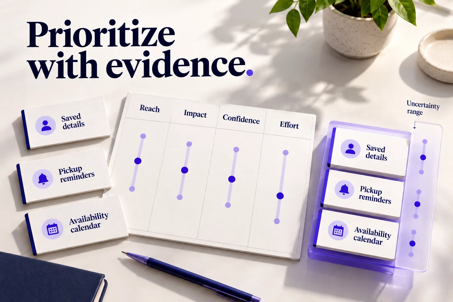Three rental-journey initiatives compared with the RICE prioritization method