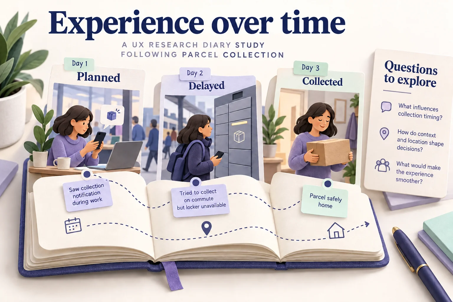 Conceptual three-day parcel-collection timeline for a UX diary study