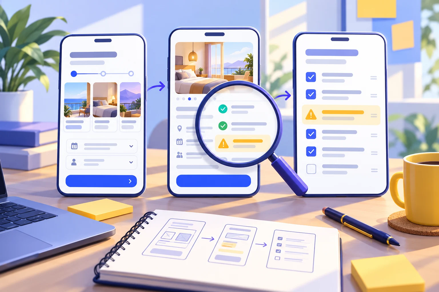Editorial illustration of an AI-generated hotel booking prototype being checked against task states and handoff notes