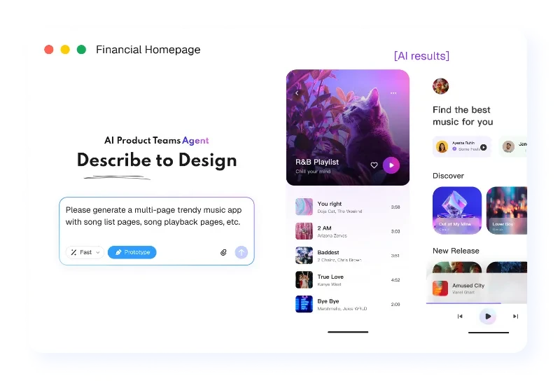 Public Mockitt AI product example showing a music-app prompt beside generated music screens