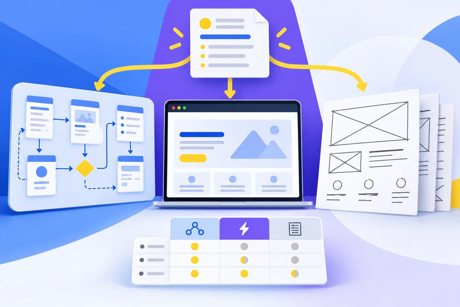 Concept illustration comparing linked screen flows, a visual prototype, and rough wireframes