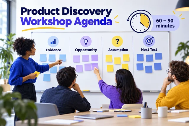 Editorial illustration of a product discovery workshop board moving evidence into an opportunity and prototype decision