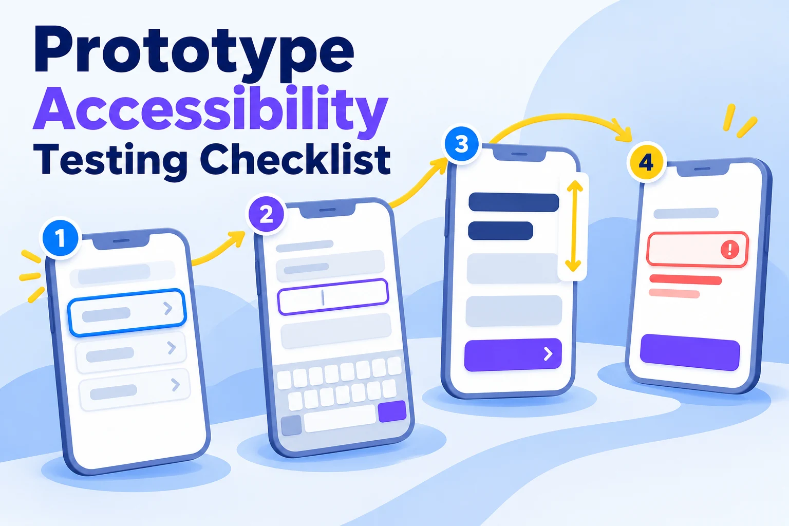 Editorial illustration of an accessible login prototype showing keyboard focus, zoom, and error recovery checks