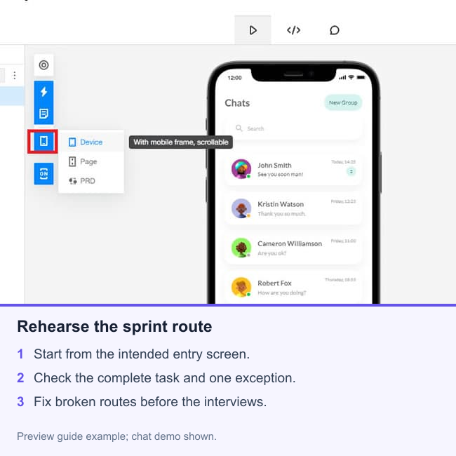 Mockitt device-preview controls beside a chat demo, with steps for rehearsing a sprint prototype.