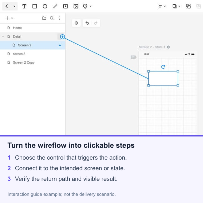 Mockitt interaction example linking a selected screen element to another screen, followed by wireflow connection checks.