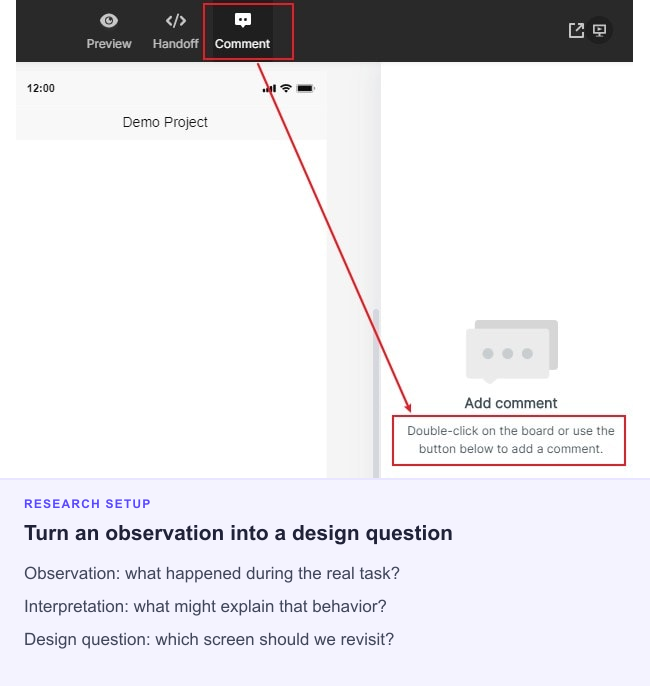 Mockitt preview with Comment selected and the Add comment area highlighted, followed by an observation-to-design-question note structure.