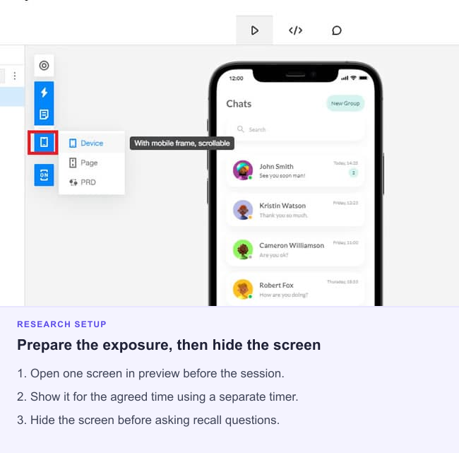Mockitt device preview with a chat demo, followed by three steps for preparing a timed first-impression test.
