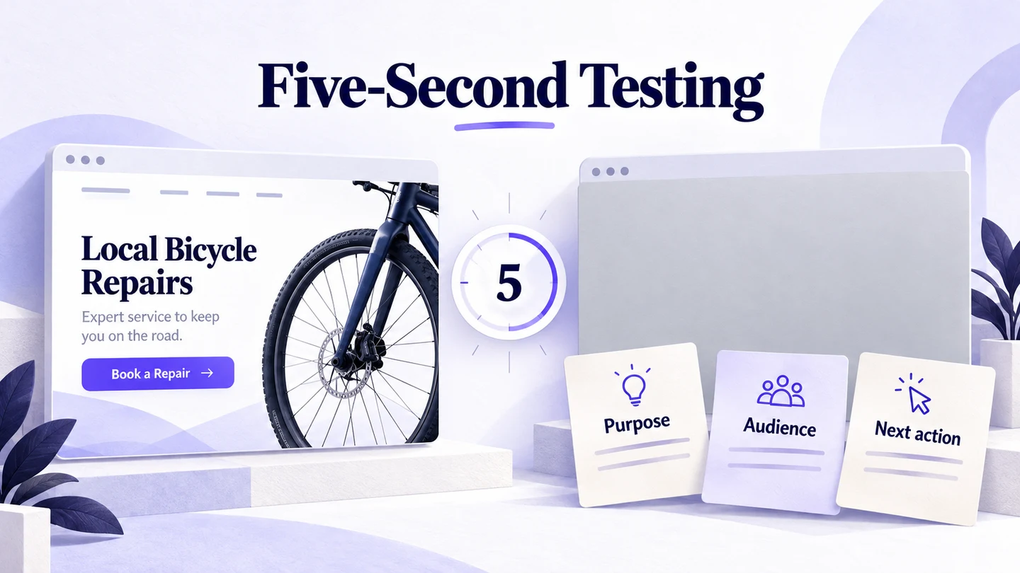 A bicycle-repair landing screen, a five-second timer, and recall cards for purpose, audience, and next action illustrate a first-impression study.