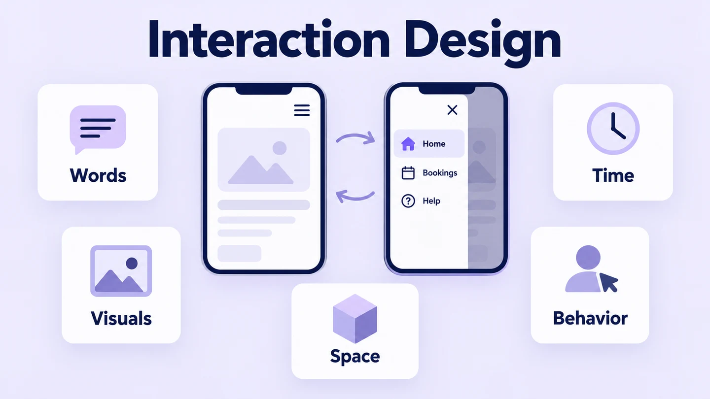 A mobile navigation drawer connects words, visual cues, device context, timing, and behavior in interaction design.