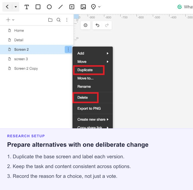 Mockitt screen menu with Duplicate highlighted, followed by steps for preparing comparable design alternatives.