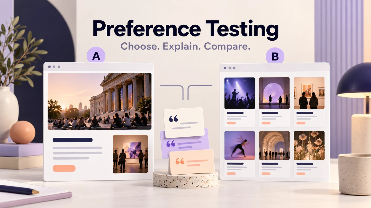Two visual directions for browsing cultural activities appear beside explanation cards, illustrating preference testing without declaring a winner.