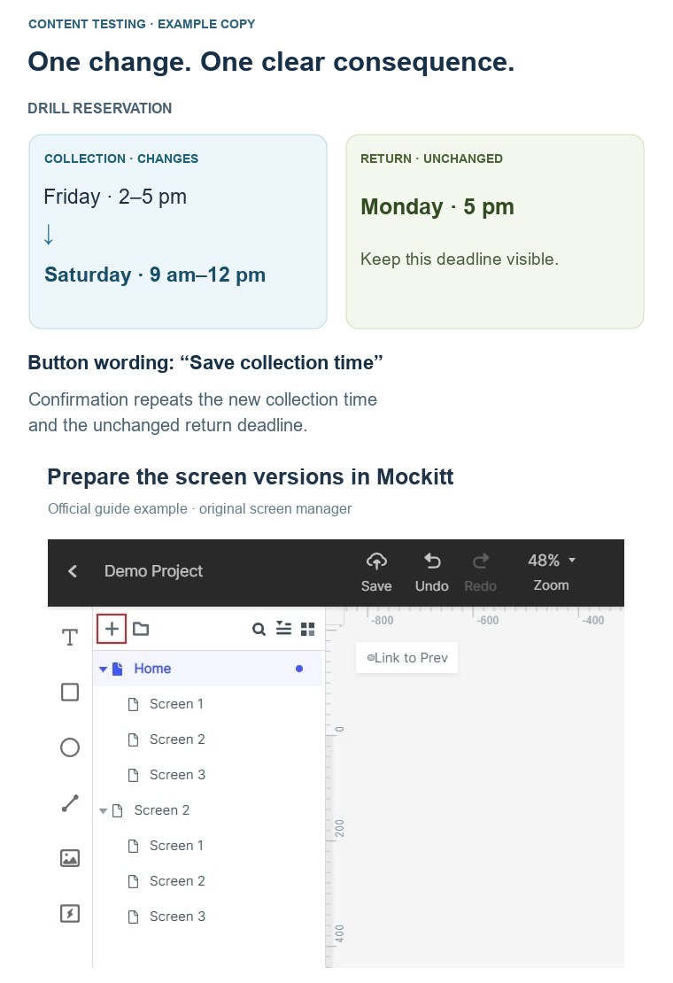 Illustrative drill-reservation copy separates a Friday-to-Saturday collection change from an unchanged Monday return deadline, above an unaltered Mockitt screen-manager guide image.