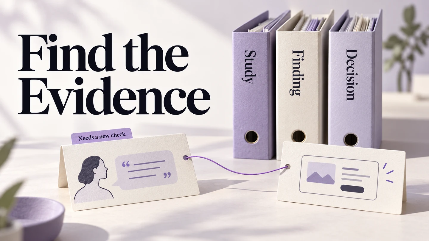 A dated research finding connects its source study to a room-booking design decision while keeping its review status visible.