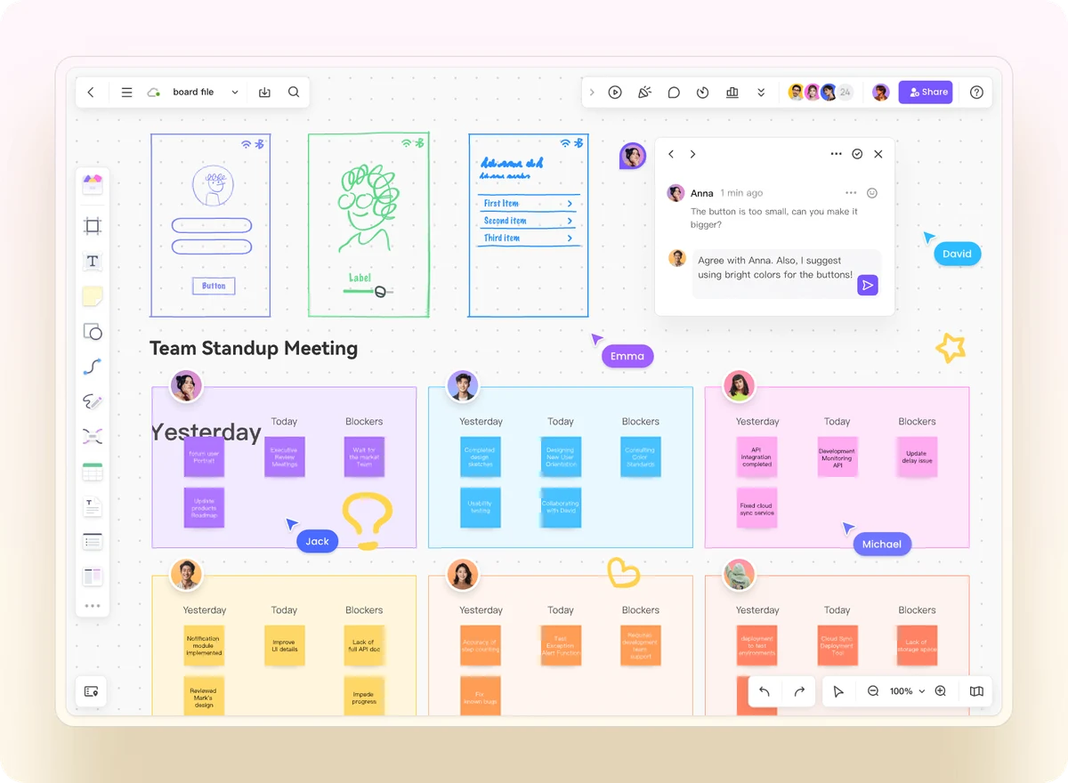 Official Mockitt Board image showing a shared canvas with grouped notes and sketches.