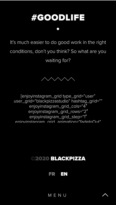 Historical Black Pizza mobile footer with an exposed embed shortcode above it