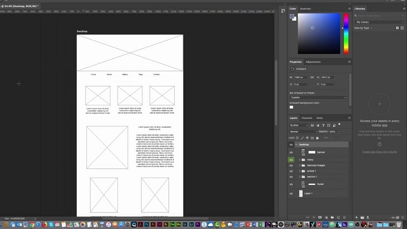 Historical Photoshop website wireframe with grouped layers and image placeholders