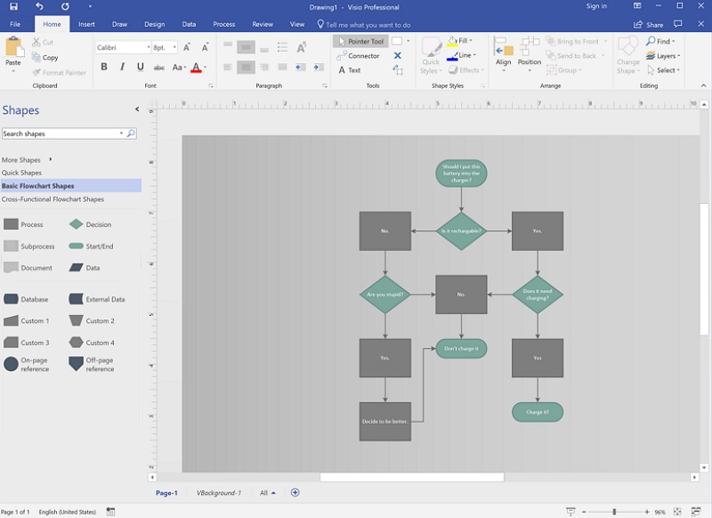 Microsoft Visio desktop editor displaying a multi-branch flowchart