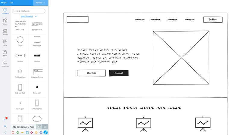 Archived WireframePro editor with hand-drawn UI components and a page layout