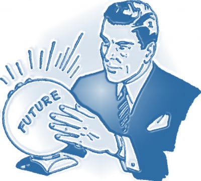 Illustration of a person looking into a crystal ball labeled Future