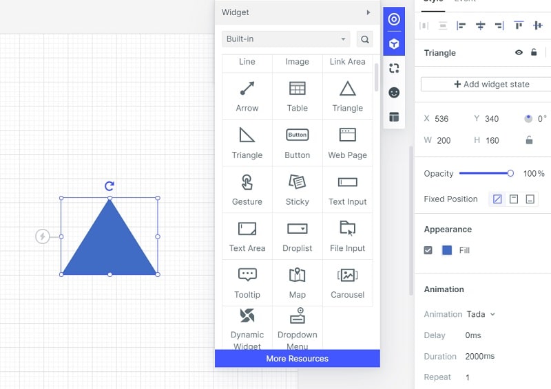 Selected triangle widget beside the widget library and animation properties panel.