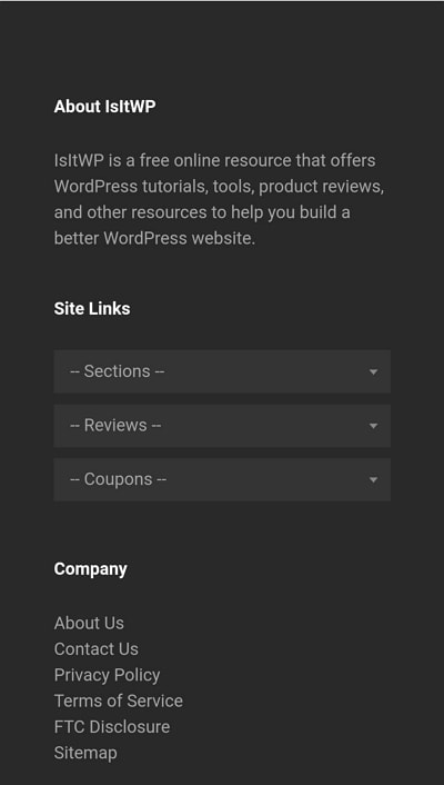 Historical IsItWP mobile footer with compact content groups