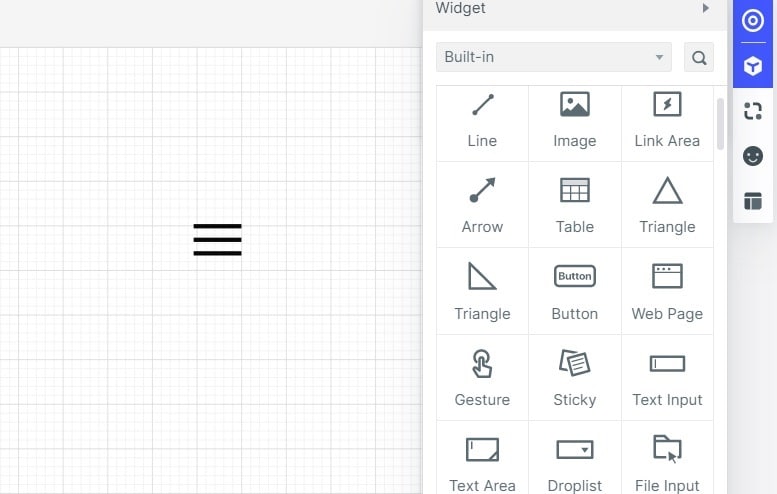 Three-line menu icon on the Mockitt canvas beside the available widget controls.