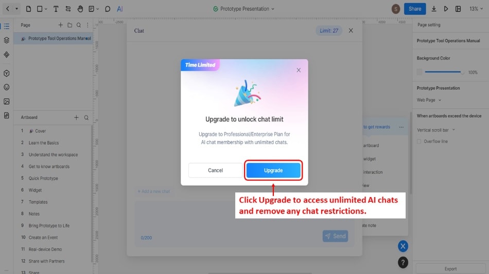 time-limited chat upgrade dialogue box