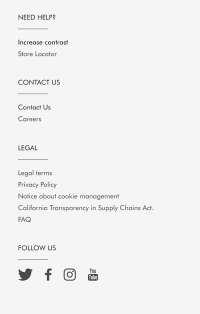 Historical Guerlain mobile footer with help and legal groups