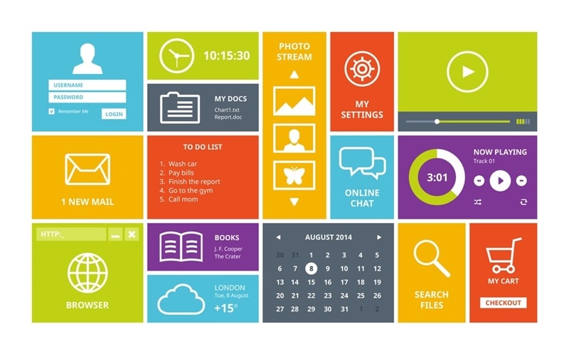 Conceptual illustration of graphical controls and application tiles
