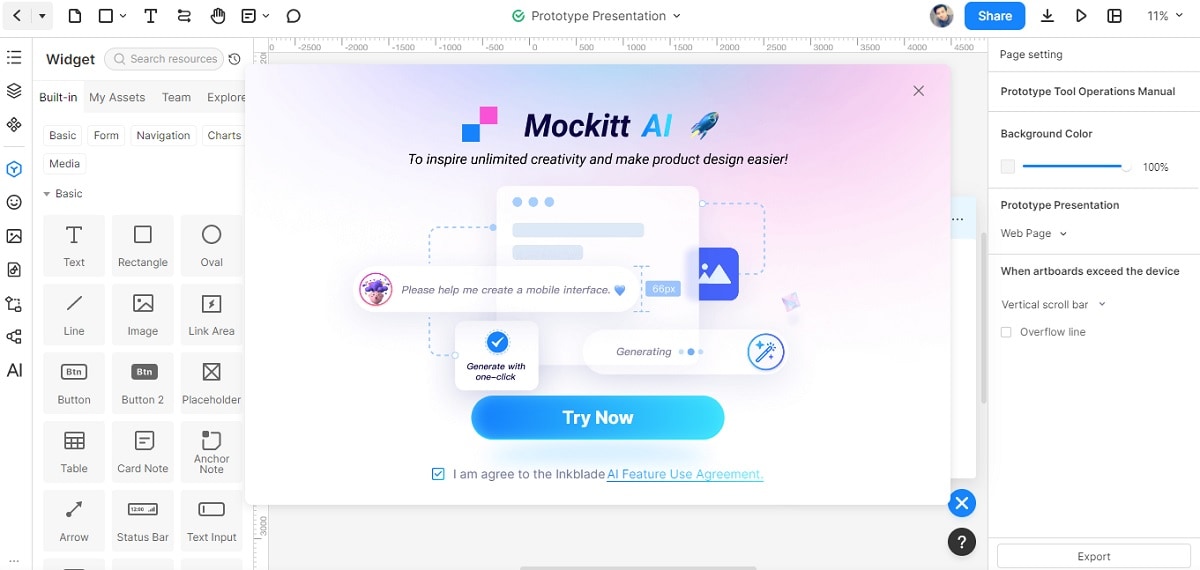mockitt ai terms welcome menu