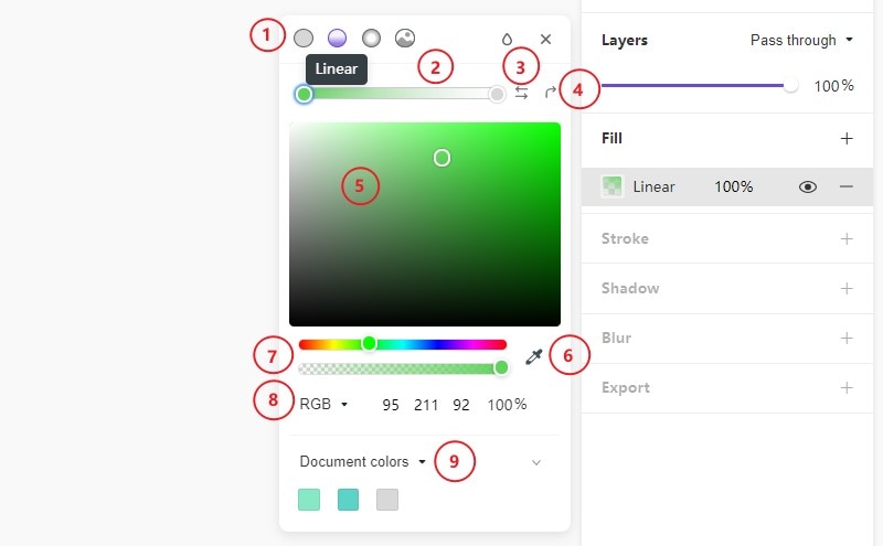 Earlier Mockitt linear gradient controls and document colors