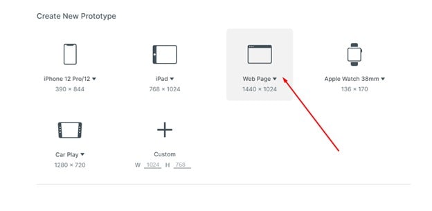 Earlier Mockitt prototype setup showing the Web Page canvas preset