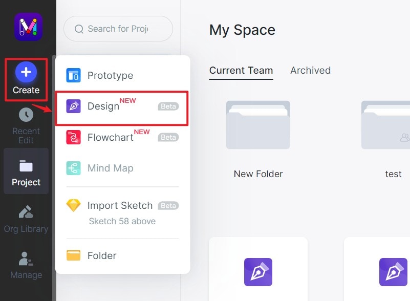 Earlier Mockitt Create menu with Design highlighted